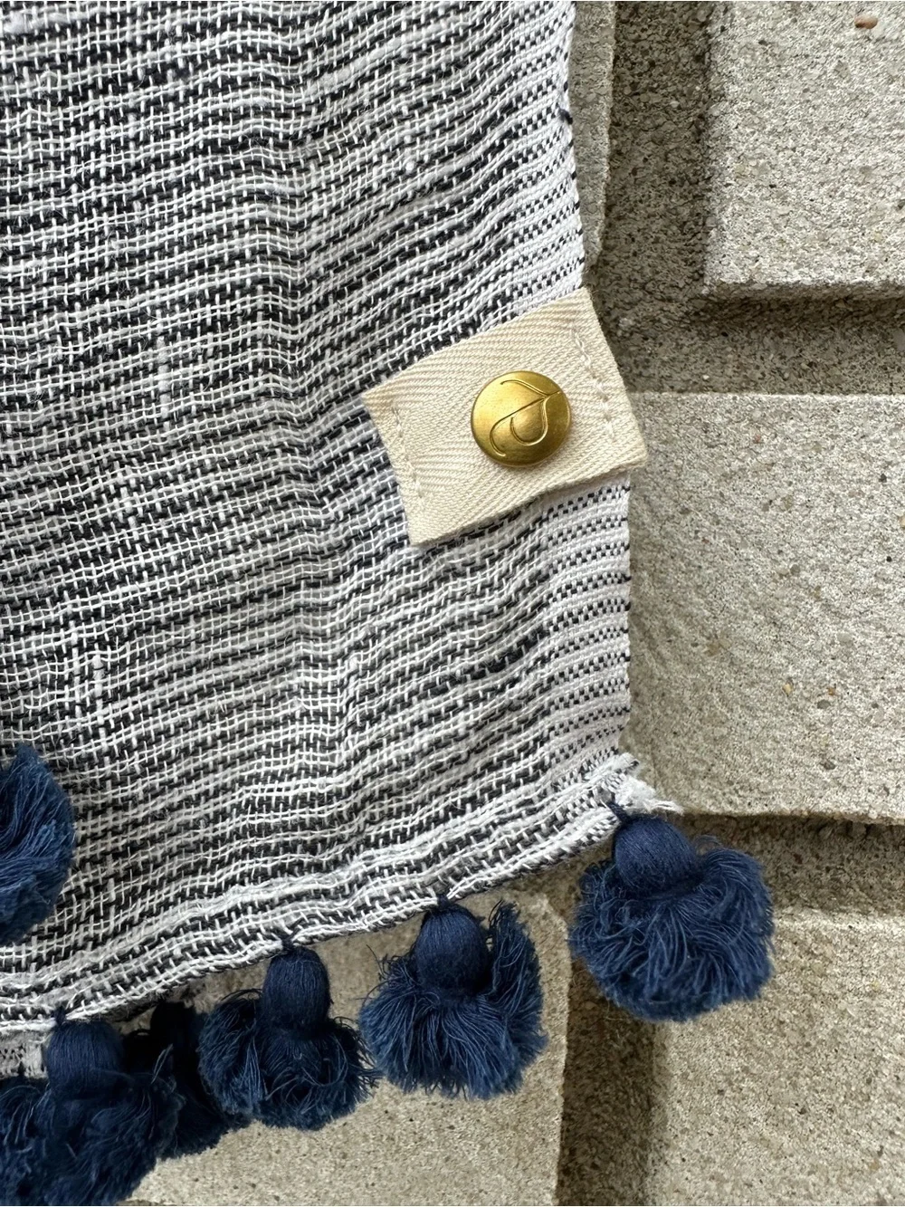 Oversized Linen Pom Pom Tassel Scarf Blue White Colorblock Shawl Wrap Coastal